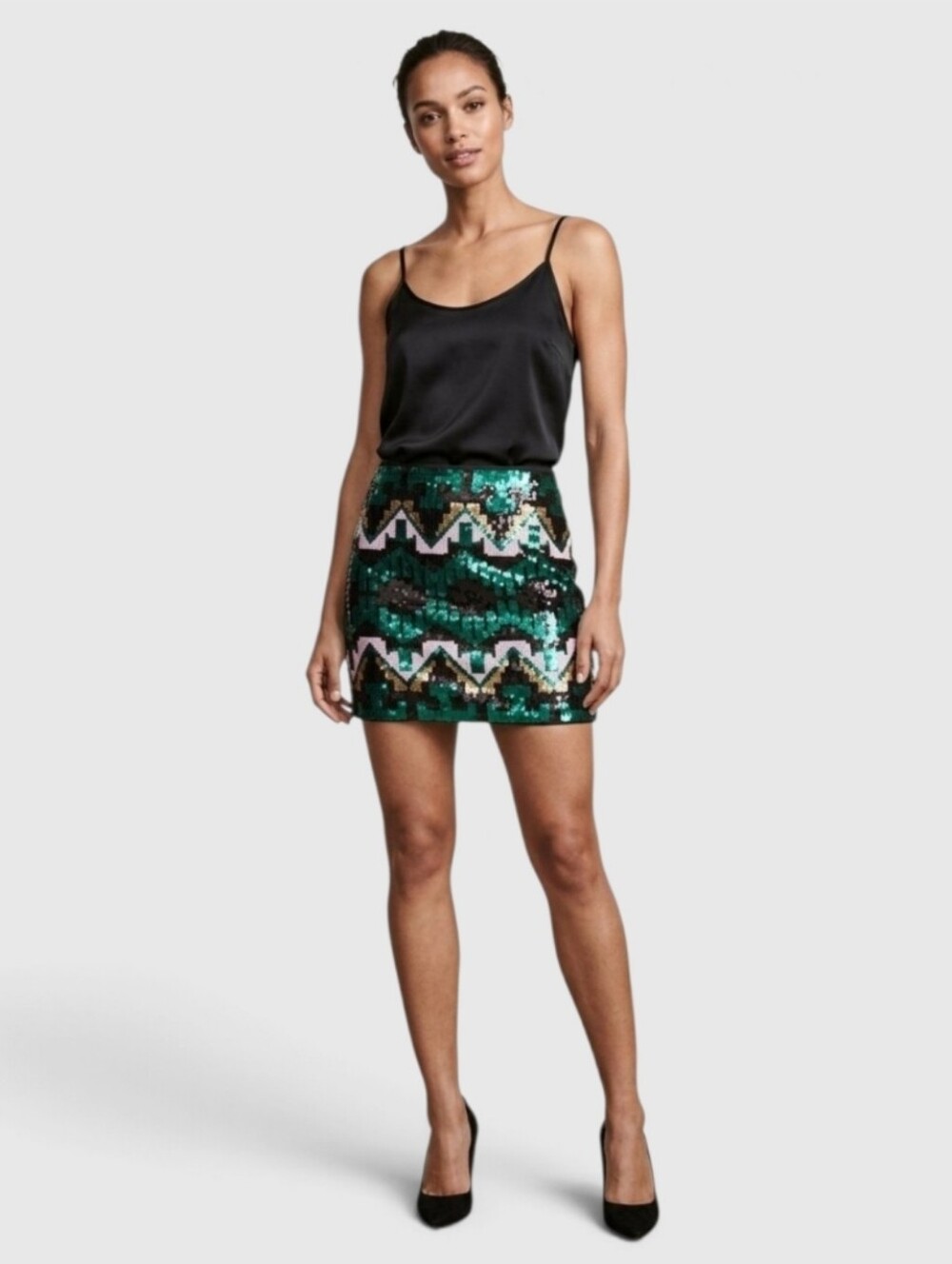 H&M Divided Women's 4 Holiday Emerald Green Black Gold Sequin Aztec Mini Skirt